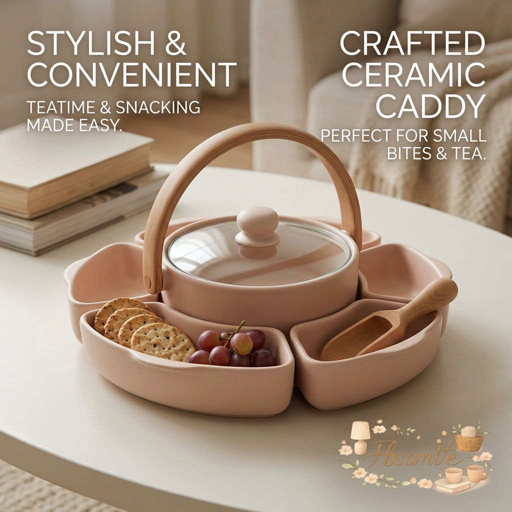 FbscmVe™ Ceramic Snack Serving Tray Set, Flower Petal Divided Appetizer Platter with Curved Wooden Handle and Glass Lid, Decorative Food Caddy for Afternoon Tea, Candy, Nuts, Fruits & Crackers, Blush Pink