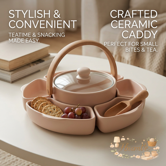 FbscmVe™ Ceramic Snack Serving Tray Set, Flower Petal Divided Appetizer Platter with Curved Wooden Handle and Glass Lid, Decorative Food Caddy for Afternoon Tea, Candy, Nuts, Fruits & Crackers, Blush Pink