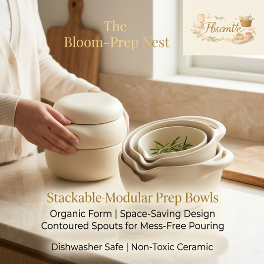FbscmVe™ Ceramic Mixing Bowls Set - Nesting Prep Bowls with Pouring Spouts, Stackable Organic Salad Bowls for Baking, Cooking, and Meal Prep, Dishwasher Safe, Space-Saving Kitchen Essentials