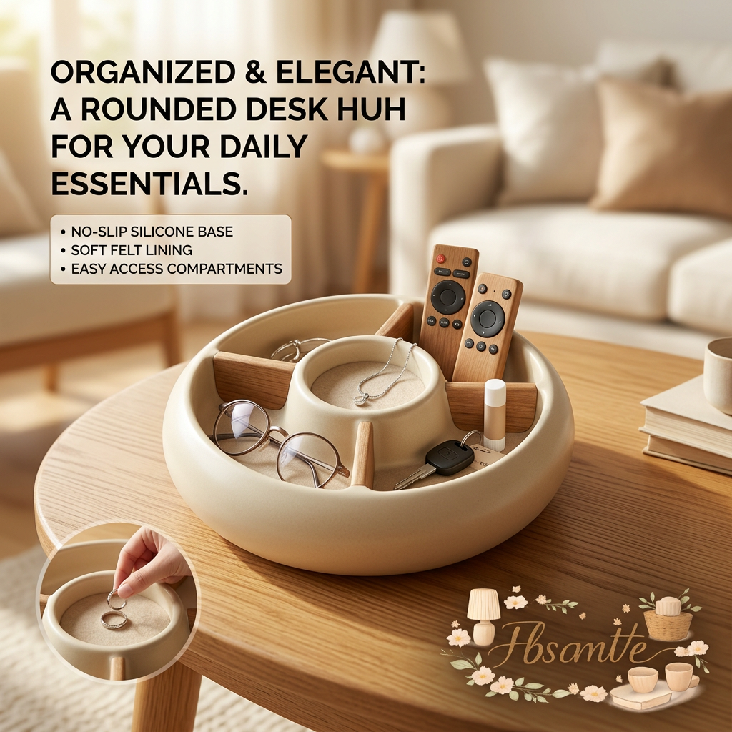 FbscmVe™ Rounded Desk Organizer and Valet Tray - Modern Nightstand Organizer with Soft Felt Lining & Wood Dividers - Decorative Key Bowl, Remote Holder, and Jewelry Tray for Entryway, Bedroom, and Office
