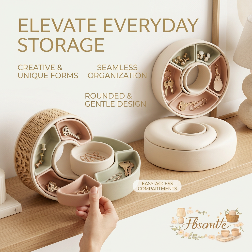 FbscmVe™ Modular Desk Organizer - Aesthetic Circular Key Bowl for Entryway Table, Stackable Valet Tray, Removable Ceramic-Style Trinket & Jewelry Compartments for Dresser, Vanity, and Home Decor
