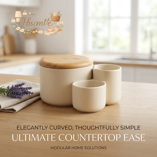 FbscmVe™ 3-in-1 Ceramic Countertop Organizer with Bamboo Lid - Aesthetic Kitchen Canister & Bathroom Vanity Jar, Minimalist Makeup Brush Holder, Cotton Pad and Q-Tip Storage Dispenser for Modern Home Decor
